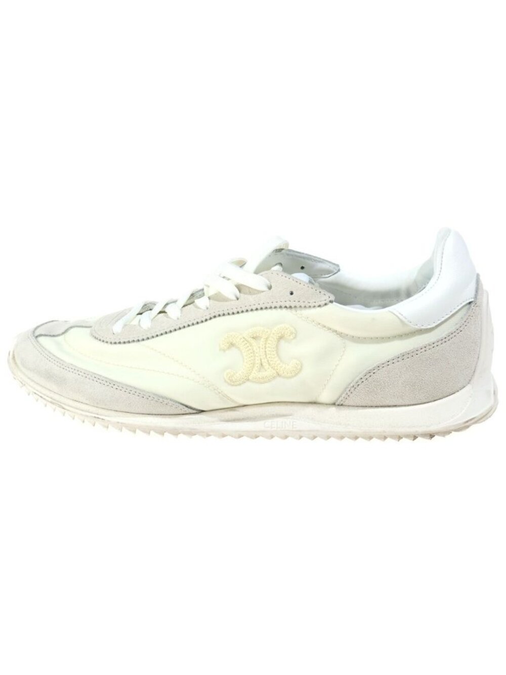 Celine Racer Triomphe Logo Embroidery Nylon Suede Low Top Sneakers Ivory